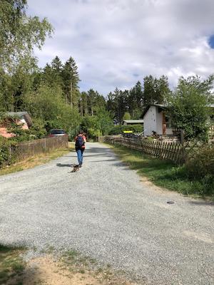 anreise, tiny house im wald, fussweg, zu fuss zum ferienhaus, bushaltestelle zum ferienhaus, anreise mit bus und bahn, oeffentliche verkehrsmittel, umweltfreundliche anreise, umweltfreundlicher urlaub, schotterweg zum ferienhaus