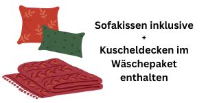 ausstattung, tiny house im wald, ferienhaus, kissen, sofakissen, decken, kuscheldecken, sofadecken