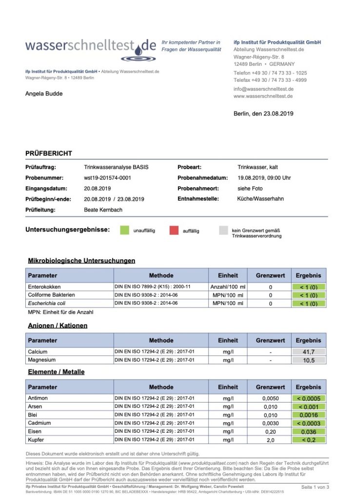 trinkwasser, tiny house im wald, trinkwasser analyse, trinkwasser test, trinkbar, ferienhaus, wasserschnelltest, trinkwasseranalyse bias, wasserhahn, untersuchungsergebnisse, mikrobiologische untersuchung, parameter, grenzwert unauffällig, labor, produktqualität, enterokokken, coliforme bakterien, escherichia coli, anionen, kationen, calcium, magnesium, elemente, metalle, antimon, arsen, blei, cadmium, eisen, kupfer, din-en-iso-17294