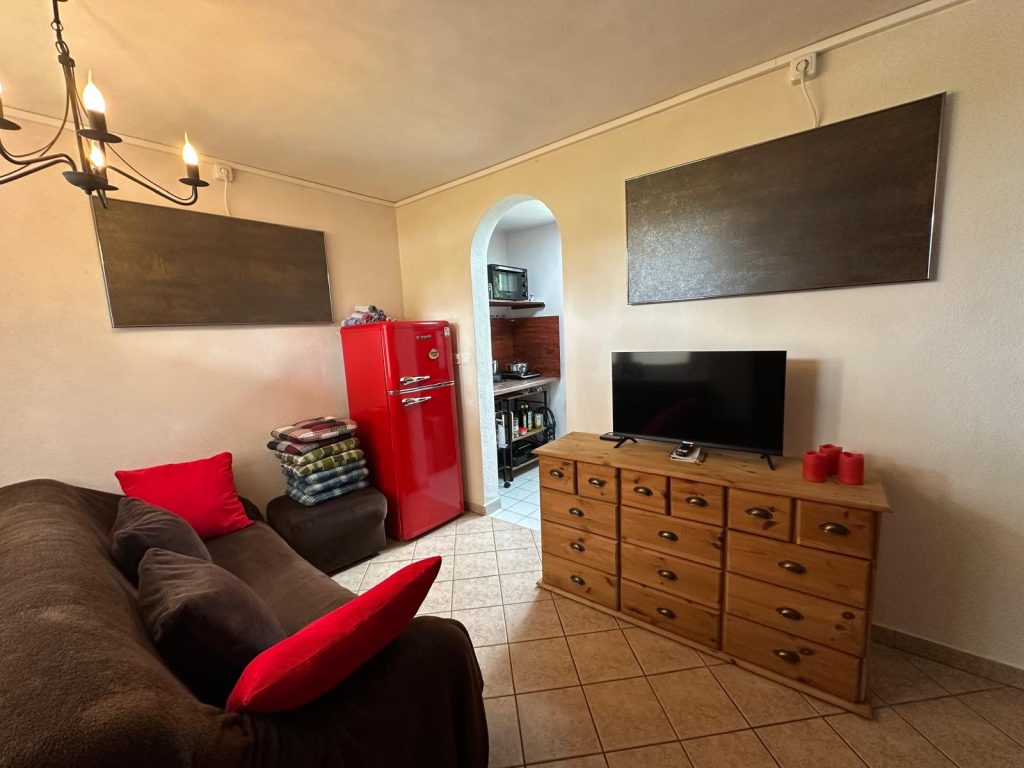 wohnbereich, wohnzimmer, sofa, kühl-gefrierkombination, kühlschrank, tv, fernseher, leuchter, infrarot-heizung, blick in küche, sofakissen, stuhlkissen, originalfoto 182 kb