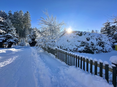 Thüringer Vogtland, Tiny House Thüringen, Urlaub im Wald Vogtland, sichtschutz hecke, garten eingezäunt, schnee