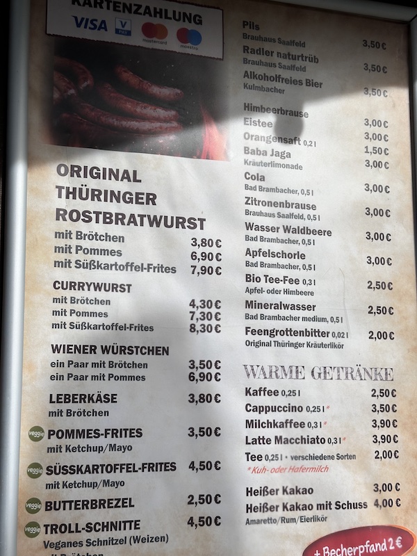 imbiss, saalfelder feengrotte, erlebniswelt saalfelder feengrotte, regionale spezialität, thüringer rostbratwurst, speisekarte