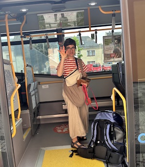 Shuttle-Service mit Tragen der Koffer in den Bus mit Hund am Markt in Tanna